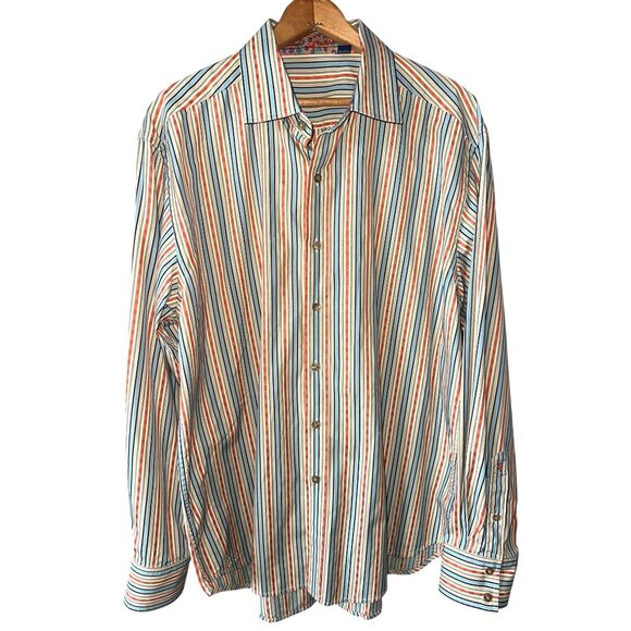 Robert Graham Flip Cuff Button Up Shirt Long Sleeve Stripe Orange Blue Cotton XL - Picture 3 of 6